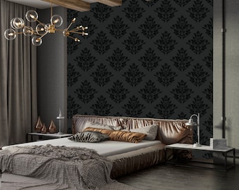 Donker damastbehang, donker bloemenbehang, humeurig behang, maximalistisch behang, huurdersbehang, verwijderbaar behang, wanddecor