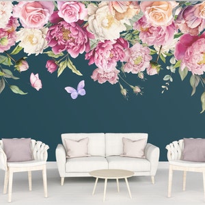 Dunkelblaue Pfingstrose Tapete, botanische Tapete, maximalistische Tapete, Wandtattoo Blumen, viktorianische Tapete, bunte Tapete