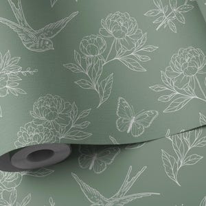 Green toile wallpaper, vintage wall paper for bedroom, floral peel and stick wallpaper, toile de jouy wallpaper, botanical wall paper