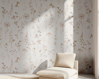 Einfarbige Vintage Blumen Tapete im Cottagecore Stil