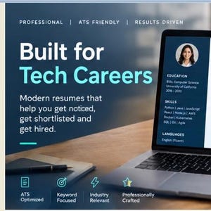 May include: A laptop screen displaying a resume template for a Senior Software Engineer named Alex Carter. The resume includes sections for education, skills, languages, professional summary, and work experience, set against a dark blue background.