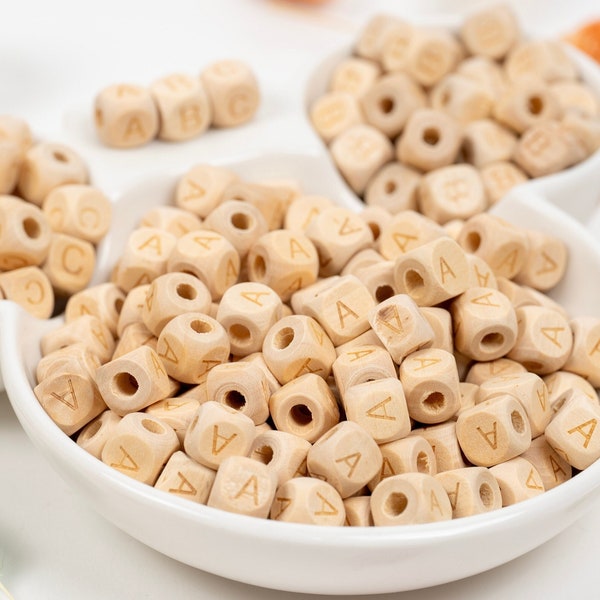 Perles de l'alphabet en bois A-Z "10 paquets de perles", lettres en bois de qualité supérieure, perles de lettres en bois, perles de lettres cubiques, fournitures artisanales de perles