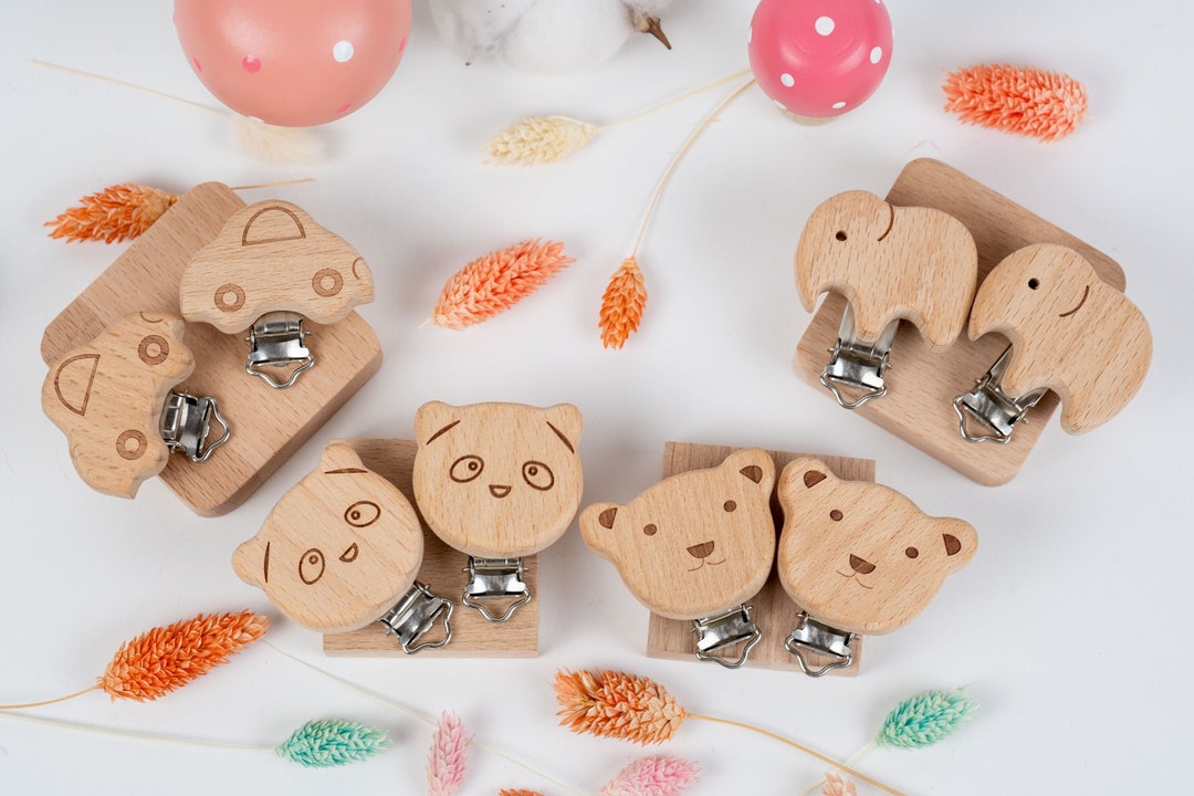 Set of 4 Wooden Pacifier Clips With Car, Elephant, and Bear Motifs 44mm ...