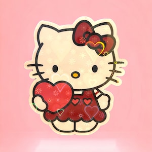 Kitty Valentine&#39;s Red Dress Holding Heart Sticker (Holographic/Hearts)