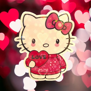 Kitty Valentine&#39;s Pink Sweater Holding Heart Sticker (Holographic/Hearts)