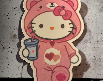 Kitty in Pink Teddy PJs Sticker (Holographic/Tiny Stars)