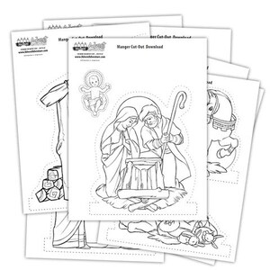 May include: Black and white printable cut-out paper craft of a nativity scene. The craft includes Mary, Joseph, a manger, a donkey, a star, and a shepherd with a staff. The title "Manger Cut-Out Download" is at the top of the page.