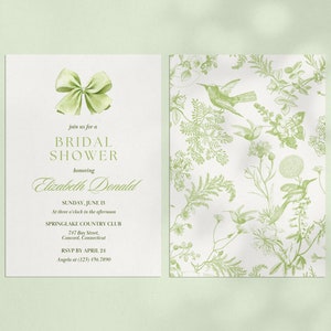 Green Toile Bridal Shower Invitation Template with Bow (5x7, Canva Editable)