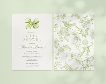 Toile Floral Bridal Shower Invitation Template, 5x7 Green Floral Bridal Invitation with Bow, Elegant Garden Toile Bridal Invitation Template