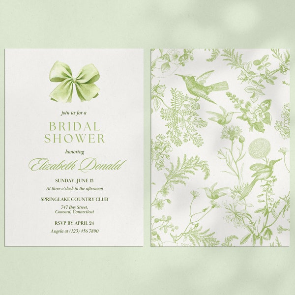 Modèle d'invitation de douche nuptiale toile toile, 5 x 7 invitation de mariée florale verte avec noeud, modèle d'invitation de mariée toile jardin élégant