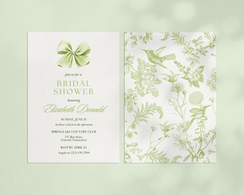 Toile Floral Bridal Shower Invitation Template, 5x7 Green Floral Bridal Invitation with Bow, Elegant Garden Toile Bridal Invitation Template image 1