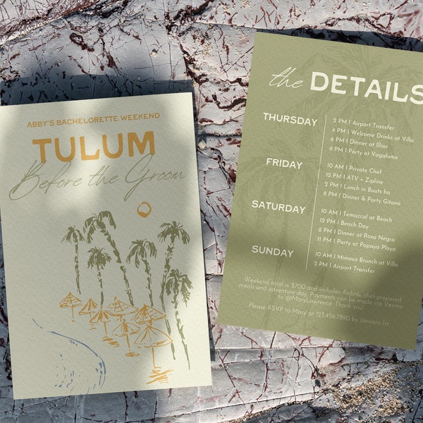 Modèle d'itinéraire d'enterrement de vie de jeune fille | Invitation à la fête de Tulum Mexique avec calendrier, téléchargement immédiat