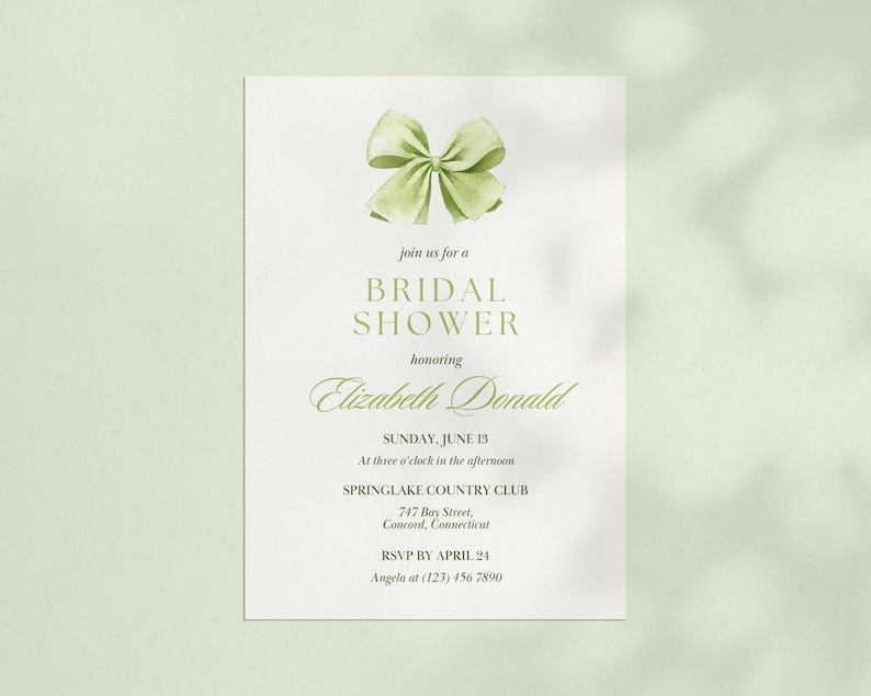 Toile Floral Bridal Shower Invitation Template, 5x7 Green Floral Bridal Invitation with Bow, Elegant Garden Toile Bridal Invitation Template image 2