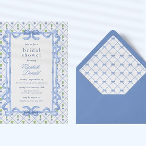 Blue Hydrangea Topiary Bridal Shower Invitation, Coastal Grandmother Invitation Template,  5x7 Blue Bridal Editable Invitation Template