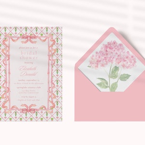 Pink Hydrangea Bridal Shower Invitation, Pink Bow Invitation Template,  5x7 Pink Bridal Editable Invitation Template, Coastal Grandmother