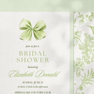 Toile Floral Bridal Shower Invitation Template, 5x7 Green Floral Bridal Invitation with Bow, Elegant Garden Toile Bridal Invitation Template image 3