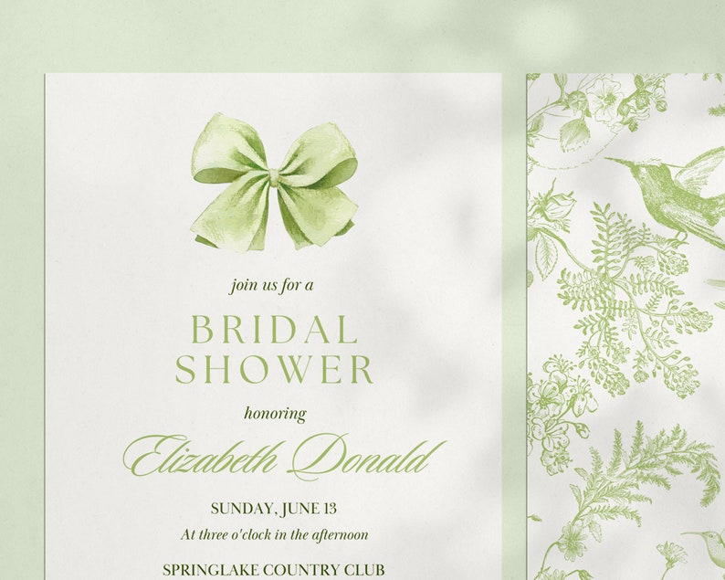 Toile Floral Bridal Shower Invitation Template, 5x7 Green Floral Bridal Invitation with Bow, Elegant Garden Toile Bridal Invitation Template image 3