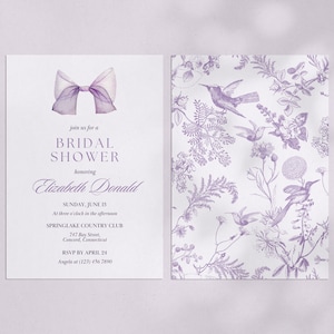 May include: Purple bridal shower invitation with a watercolor bow and floral pattern. The invitation reads "join us for a bridal shower honoring Elizabeth Donald, Sunday, June 13 at three o'clock in the afternoon, Springlake Country Club, 747 Bay Street, Concord, Connecticut. RSVP by April 24, Angela at (123) 456 7890."