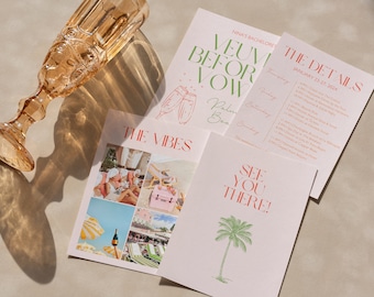 Veuve Before Vows Invitation à l'enterrement de vie de jeune fille et modèle d'itinéraire | Invitation de week-end Pink Palm Beach Bachelorette | Enterrement de vie de jeune fille