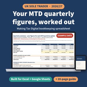May include: A digital bookkeeping spreadsheet for UK sole traders for the 2026/27 tax year. The display shows quarterly summary figures for MTD updates, including income and expenses. The product is compatible with Excel and Google Sheets.