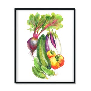 Verduras dibujadas con gouache y lápices de colores. Pósteres con ilustraciones de comida. Decoración del hogar, imprimible.