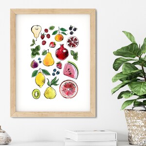 Fruits and berries. Food illustration in ink on white background. Interior posters, files for printing