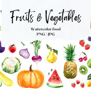 Poster with watercolor vegetables and fruits English alphabet. Decor for the nursery and class.