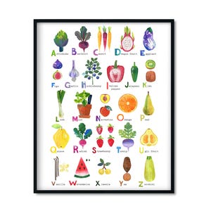 Poster mit Obst und Gemüse englisches Alphabet. Dekor für das Kinderzimmer und die Klasse.