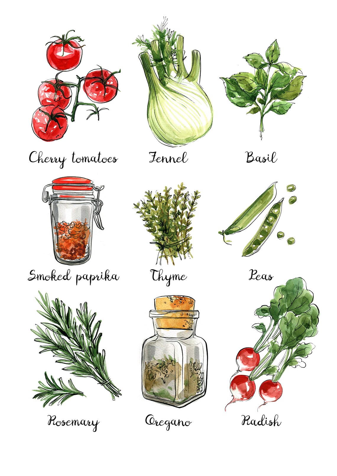 Kitchen Printable Art. Food Watercolor Poster. A2 Print Based on