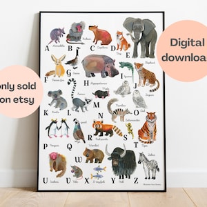 Tiere Poster Englisch Alphabet. Dekor für das Kinderzimmer und die Klasse.