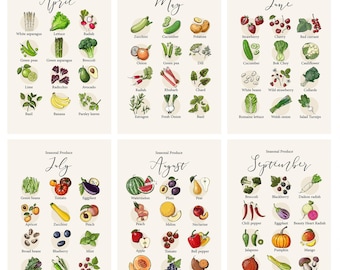 May include: A collection of twelve illustrated charts, each representing a month and listing seasonal produce. The charts feature hand-drawn images of fruits, vegetables, and herbs, with text labels. The color palette includes greens, reds, yellows, and purples.