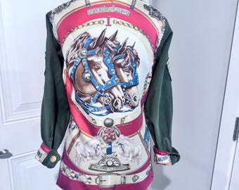 Vintage Military Jacket with Hermes Scarf Application xs