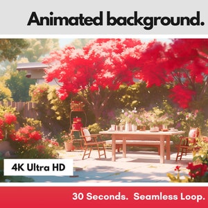 May include: Animated background featuring a backyard scene with a red maple tree, a wooden table with chairs, and lush greenery. The text "4K Ultra HD" and "30 Seconds. Seamless Loop." is visible at the bottom of the image.