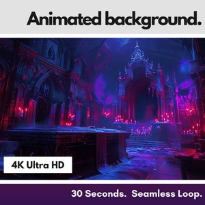 May include: Animated background featuring a gothic cathedral interior with red and blue lighting. The scene includes candles, a stone altar, and a snowy floor. The text "4K Ultra HD" and "30 Seconds. Seamless Loop." are visible.