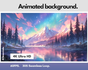 Può includere: Uno sfondo animato che presenta una catena montuosa innevata con un lago che riflette il cielo rosa e blu. Il cielo è pieno di stelle e un'aurora boreale verde. Il testo "4K Ultra HD", "60FPS" e "30S Seamless Loop" è visibile nella parte inferiore dell'immagine.