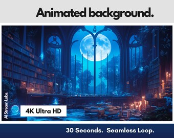 4K Animated Background Arcane Moonlit Library | Whimsical Fantasy Dark | VTuber, Twitch, YouTube, Streaming | Bonus Mobile Wallpaper