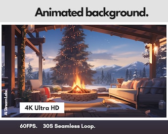 May include: Animated background featuring a cozy cabin scene with a lit fireplace, a Christmas tree with lights, and a couch on a snowy porch. The text "4K Ultra HD", "60FPS", and "30S Seamless Loop" is visible at the bottom of the image.