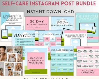 May include: A digital download bundle of printable self-care challenge and planner templates. The bundle includes a 30-day self-care challenge, a 7-day self-care challenge, a self-care planner and journal, and a self-care workbook. The templates feature a pink and green color scheme with illustrations of clouds and grass.