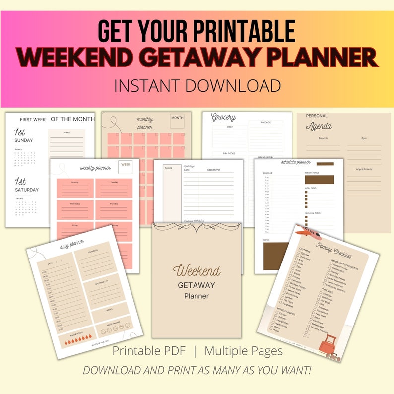 Weekend Getaway Planner Printable Travel Itinerary PDF Vacation Il Hlr1 