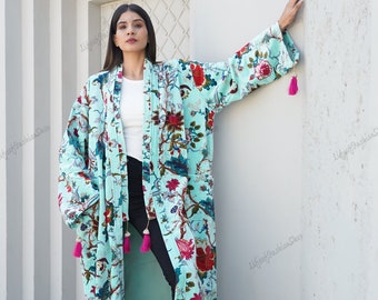 Long Velvet Jacket Kimono Duster Handmade Printed Cotton Velvet Autumn Winter Spring Special Gift Holiday Classic Elegant , Bridesmaid Robe