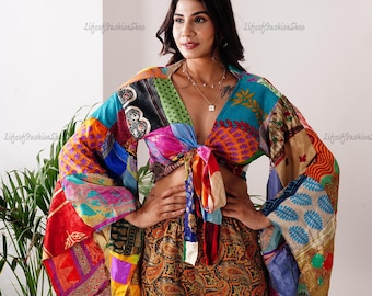 Silk Sari Patch Crop Top, Front tie long sleeve top, Bell Sleeve Crop top, summer beach wear top, Indian silk wrap top, summer top for women