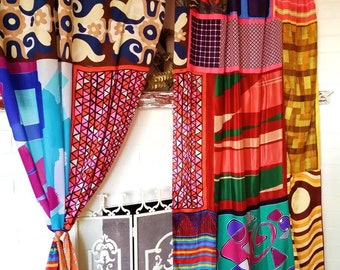 2Pc Indian Old Recycle Silk Saree Boho Multi Curtain Door Drape Decor Curtain
