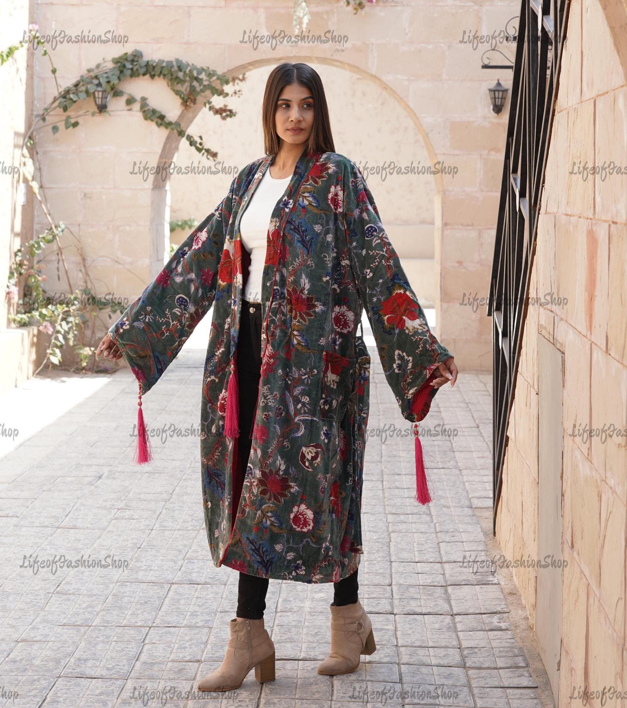 Velvet Kimono Robes,Morning Tea Velvet Coat,Bridesmaid Robe,Women Wear Cotton Velvet robe, Velvet Jacket,Bridal Kimono With Tassel and Belt