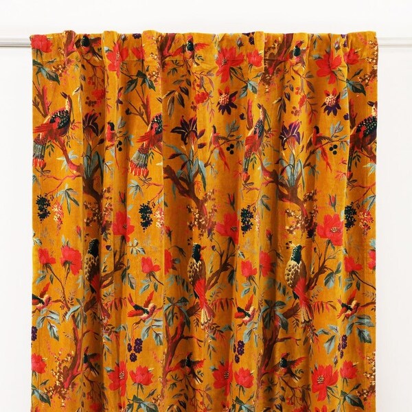 Yellow Bird Printed Velvet Curtains, Custom Window Curtain, Boho Curtains for Living Room, Modern Home Decor Curtains, Dining Room Curtains