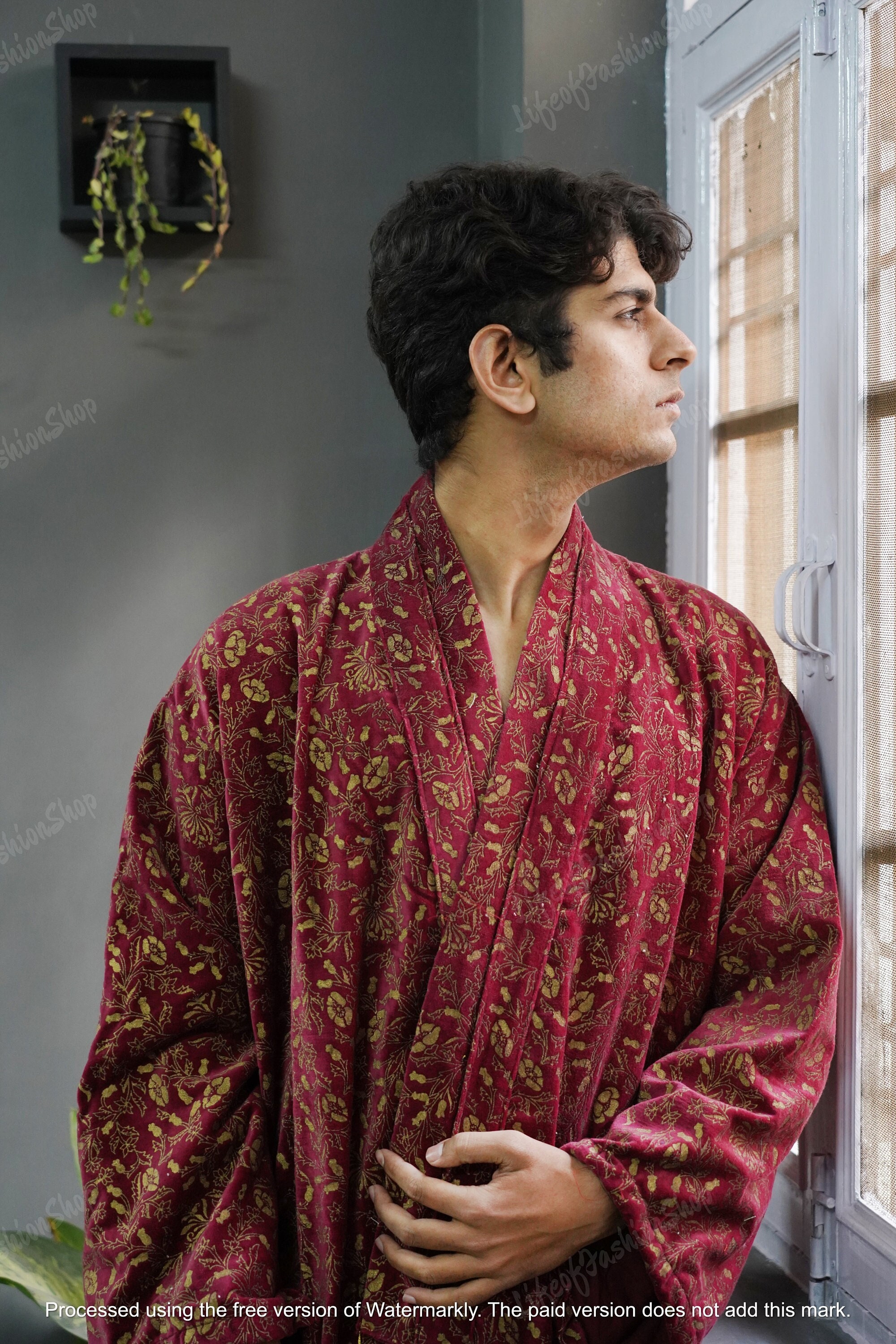OFMD Red Bird Velvet Banyan Fabric Kimono Cotton Velvet Robe Long, Original OFMD break up robe Printed Kimono With Tassels