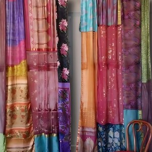 2 Pcs of Indian Vintage Old Silk Sari Multi color Handmade Patchwork Curtain Door Drape Window Home Decor Recycled Curtain