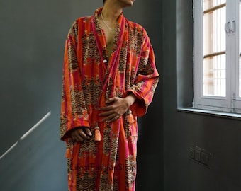 OFMD Velvet Banyan Fabric Kimono Cotton Velvet Robe Long, Original OFMD break up robe Printed Kimono With Tassels