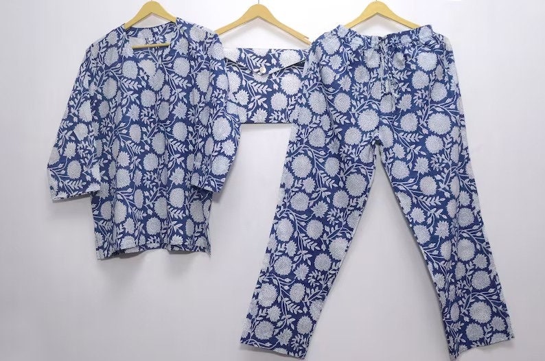 Made in India Hand Block Print Nightwear Set Women's Night Dress Soft Cotton Floral Pattern Dress Shirt Pajama Set Dress Ladies Sleepwear image 6