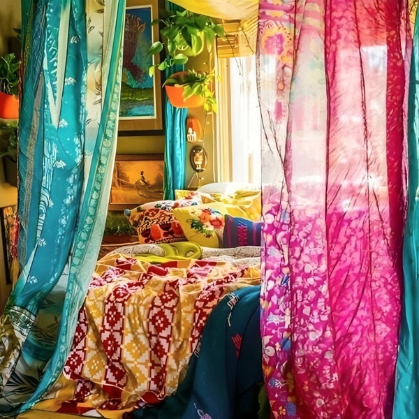 Indian Vintage Old Silk Sari Fabric Made Multi color Handmade Curtain Door Window Decor Upcycled Curtain Home Door Window Curtain