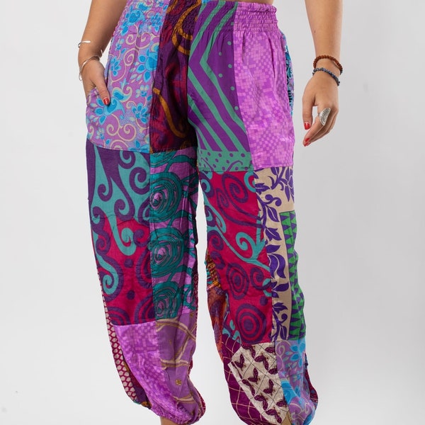 Patchwork Harem Pants with Pockets, Hippie Boho Silk Saree Harem Pants, Summer Pants, Festival Clothing Comfy Unisex Harem Pant With Pocket